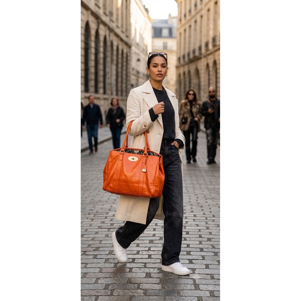 Bright Orange Faux Leather Tote Handbag Turn Lock Lace Print Lining‎ Large Bag